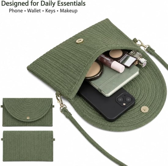 Ladies Minimalist Envelope Crossbody Bag, Woven Straw Clutch Bag in Green - Image 3