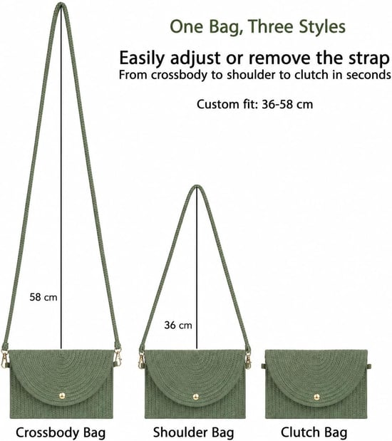 Ladies Minimalist Envelope Crossbody Bag, Woven Straw Clutch Bag in Green - Image 4