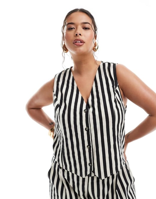 ASOS DESIGN Curve väst i linne med monokrom randkoord - Image 1