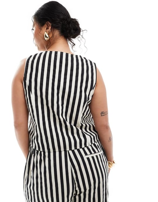 ASOS DESIGN Curve väst i linne med monokrom randkoord - Image 2