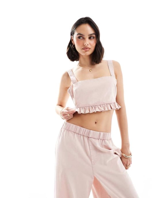 ASOS DESIGN kortad väst med skräddade paneler i tvättad rosa linne-set - Image 1