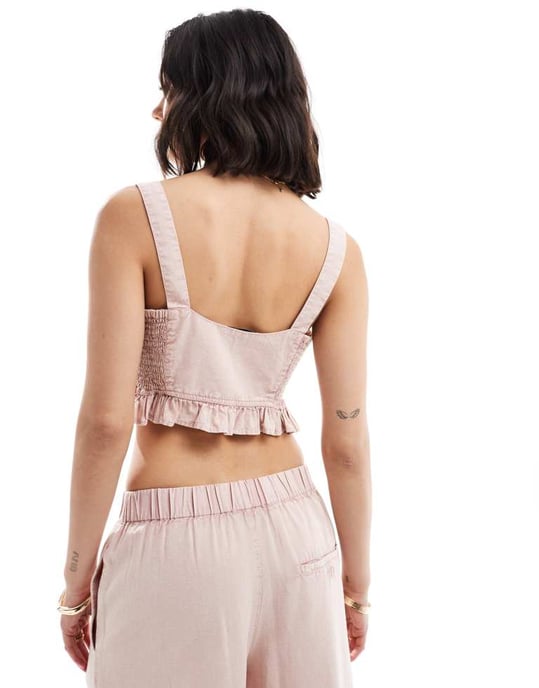 ASOS DESIGN kortad väst med skräddade paneler i tvättad rosa linne-set - Image 3