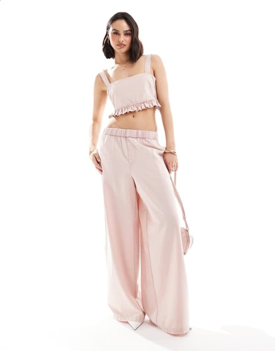 ASOS DESIGN kortad väst med skräddade paneler i tvättad rosa linne-set - Image 4