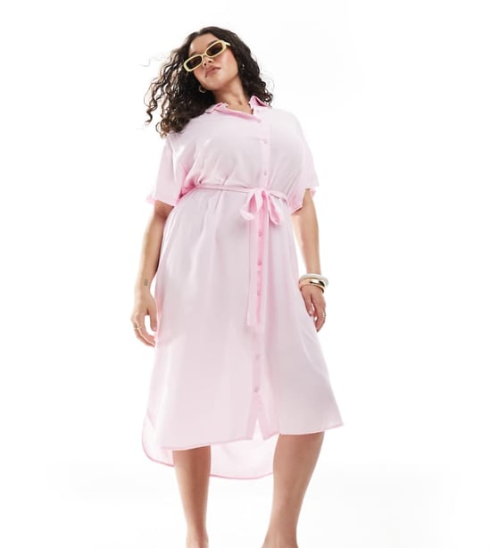 Vero Moda Curve shirt midi dress with tie belt in pink - Image 1