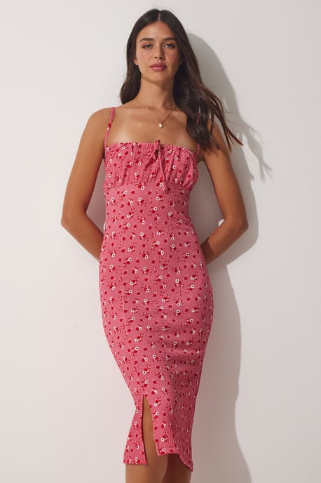 Blommig Bodycon Midi Klänning med Sprund - Image 2