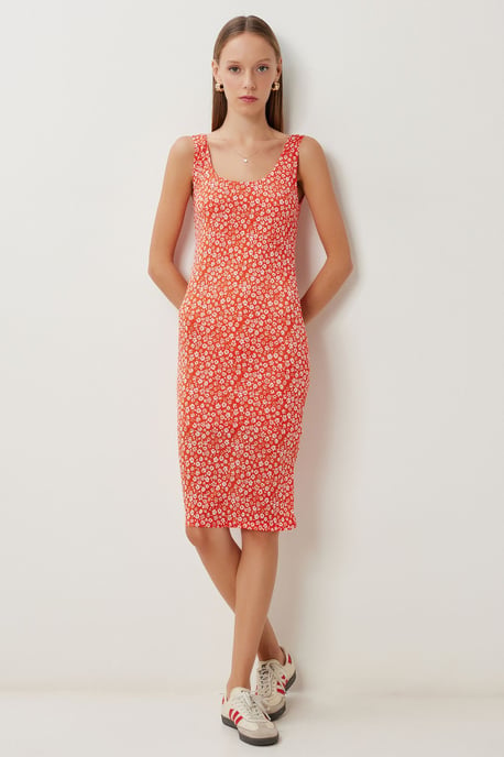 Bloemenprint Mouwloze Midi-jurk met U-hals - Image 1