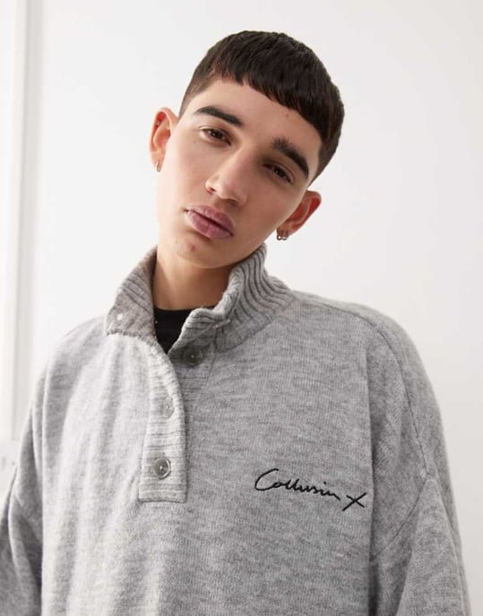 COLLUSION half button up knitted jumper in grey - Image 1