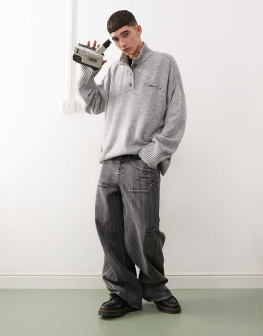 COLLUSION half button up knitted jumper in grey - Image 4