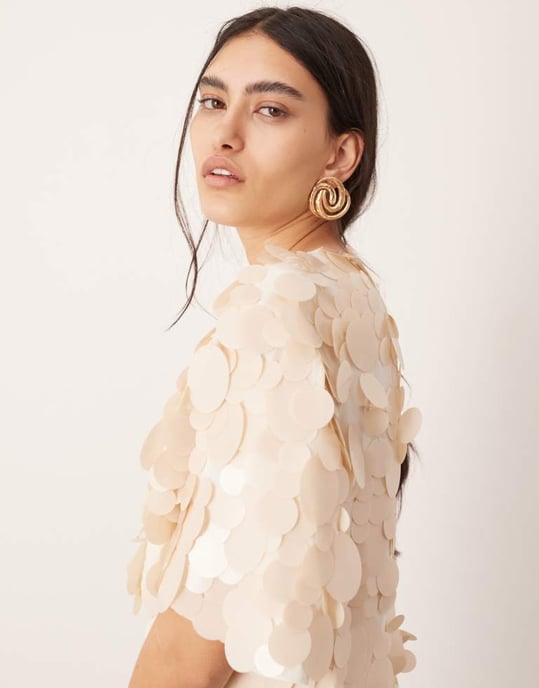 ASOS EDITION pyntad matt disc paljett t-shirt mini klänning i off-white - Image 4