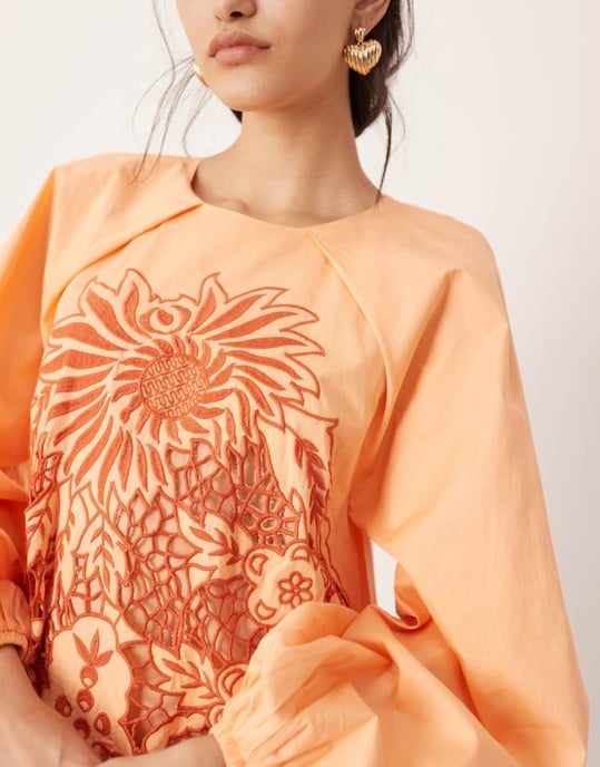 ASOS EDITION broderad trapezminiklänning med ballongärm i orange - Image 4