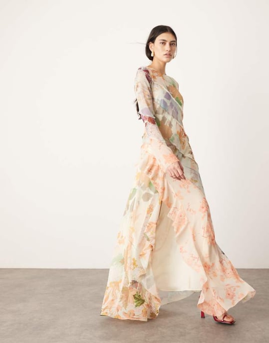 ASOS EDITION långärmad maxi klänning med snedpanel i rosa blommönster - Image 1
