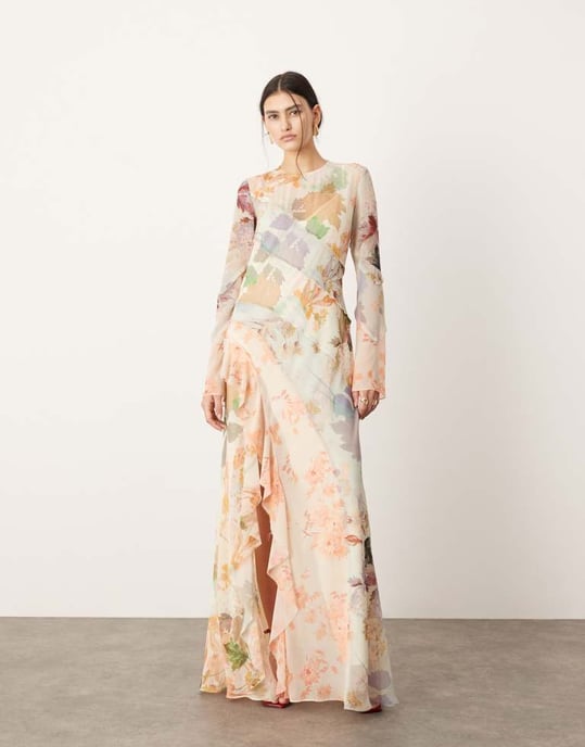 ASOS EDITION långärmad maxi klänning med snedpanel i rosa blommönster - Image 2
