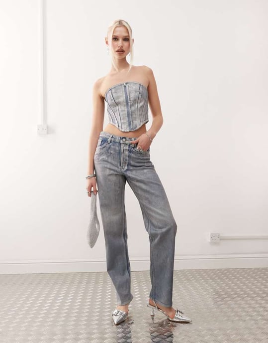 Monki co-ord denimkorsettopp i holografisk tvätt - Image 3