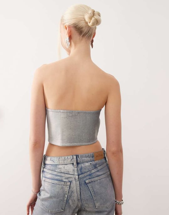 Monki co-ord denimkorsettopp i holografisk tvätt - Image 4