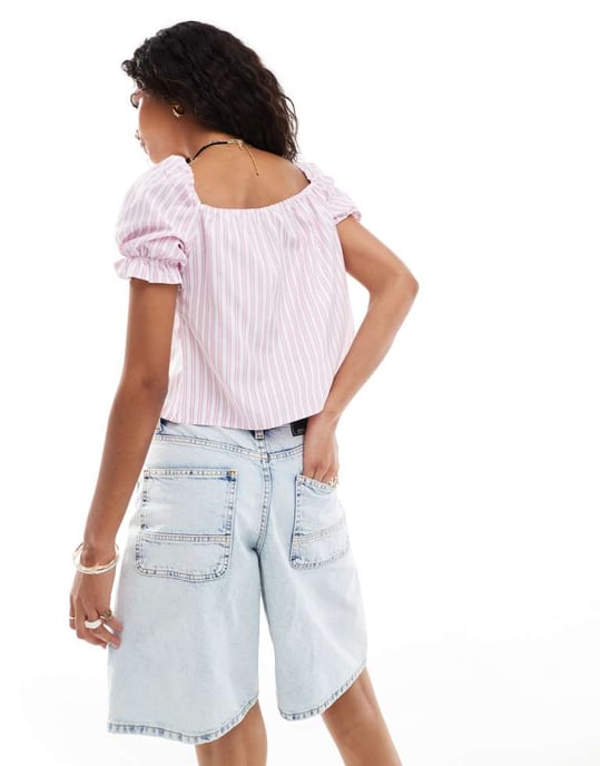 Återvunnen vintage puffärmsblus med knytfront i sommarrandig mönster - Image 4