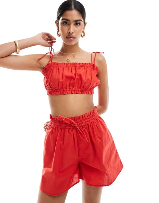 ASOS DESIGN kort ärm med volang och knytdetalj i röd uppsättning - Image 1