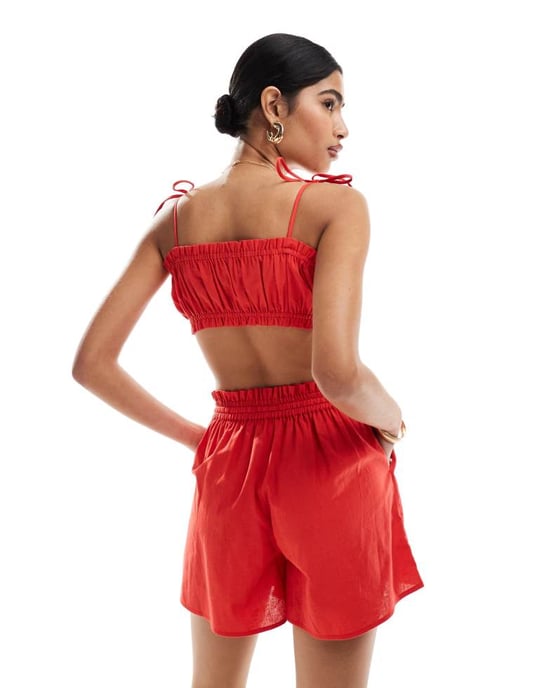 ASOS DESIGN kort ärm med volang och knytdetalj i röd uppsättning - Image 4