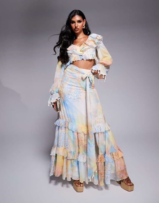 ASOS LUXE koord volang organza topp med snäckdetaljer i vykortsprint - Image 2