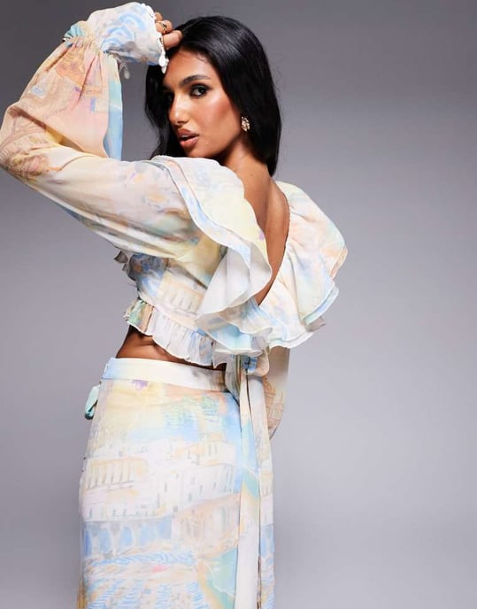 ASOS LUXE koord volang organza topp med snäckdetaljer i vykortsprint - Image 3