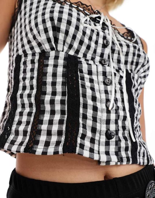 Återvunnen vintage västerländsk mjölkpiga broderad topp i gingham med ribban - Image 4