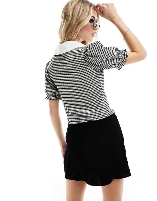 Miss Selfridge krage topp med rosett detaljer i rutigt - Image 3