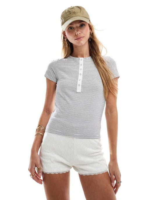 Miss Selfridge popper t-shirt i marinblå och vit randig - Image 3