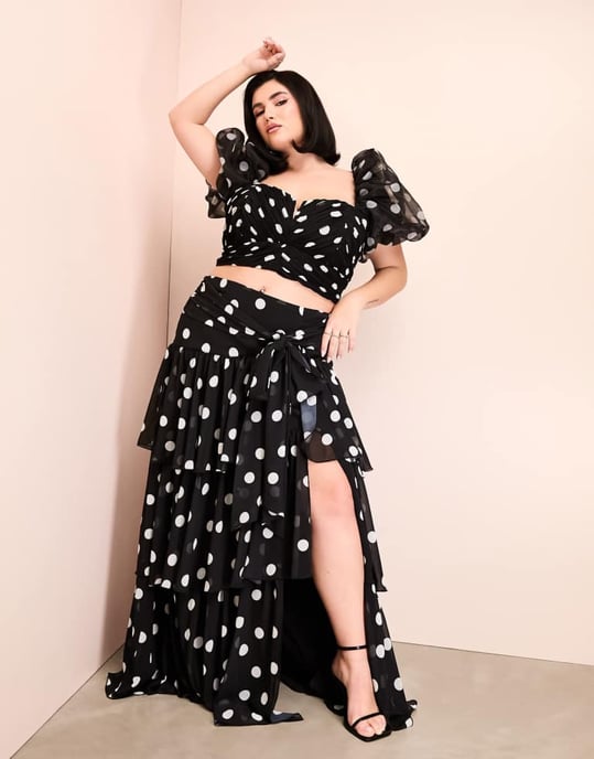 ASOS LUXE Curve co-ord organza puffärm polka dot topp med rosett bak i monokrom - Image 3