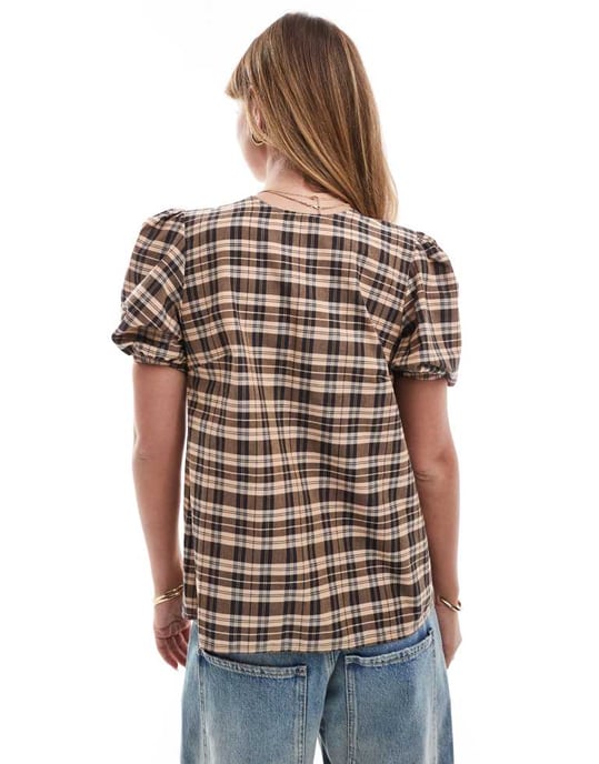 ASOS DESIGN topp med knytband och puffärmar i rutig design - Image 4