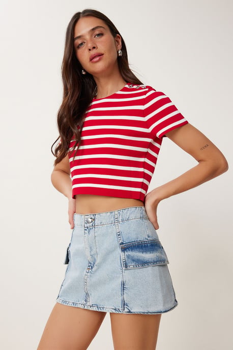 Hoge Taille Denim Rok met Knopen Sluiting - Image 3