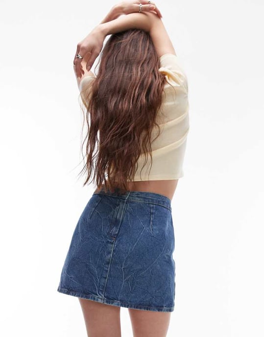 Topshop denim A-linje marbled wash kjol i mellanj blå - Image 3
