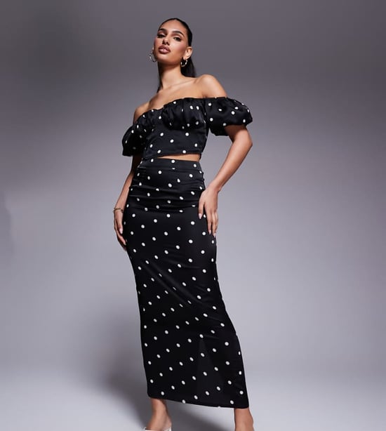 Kaiia exclusive bodycon satin maxi skirt co-ord in black polka dot - Image 1
