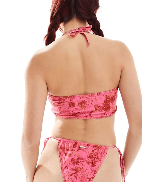 Återvunnen vintage lång bikinitopp med makramé-detalj i rosa tryck - Image 4