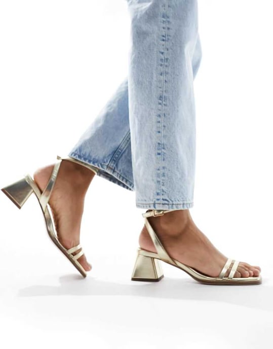 ASOS DESIGN Wide Fit Honeydew mid block heeled sandals in gold - Image 3