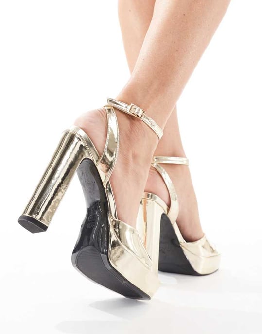 ASOS DESIGN Naples platform barely there block heeled sandals in gold - Image 4