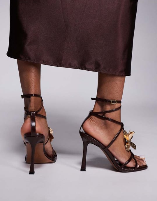 ASOS DESIGN Nobel flower detail caged high heeled sandals in brown - Image 3
