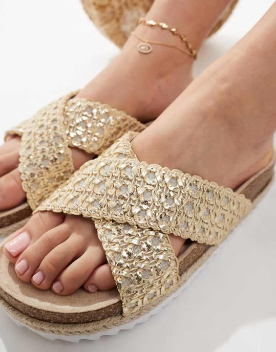 ASOS DESIGN Wide Fit Jessica cross strap espadrille mule sandal in gold weave - Image 2