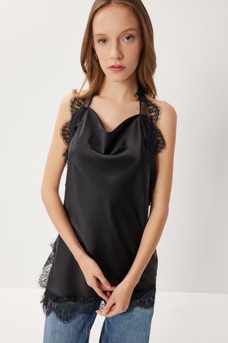 Ärm-lös halterneck satinblus - Image 2