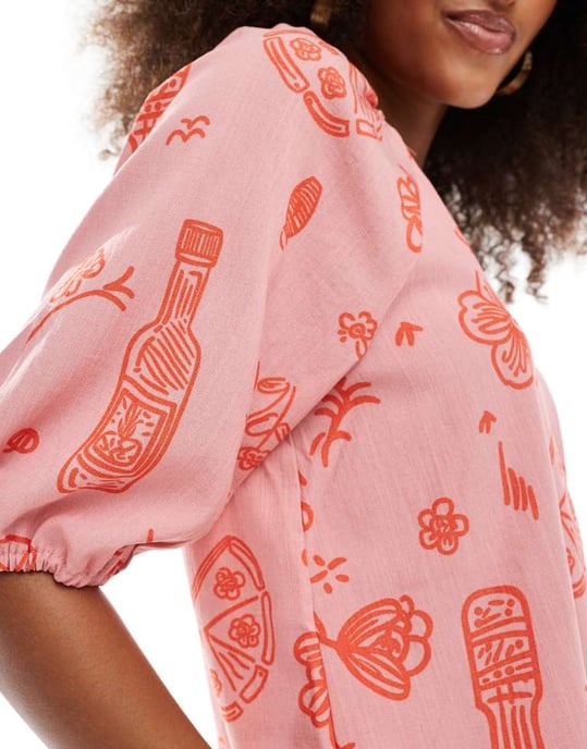 Object buttondown blouse co-ord in rose pink sketch print - Image 2