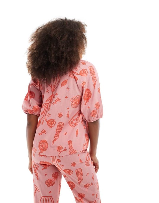 Object buttondown blouse co-ord in rose pink sketch print - Image 4
