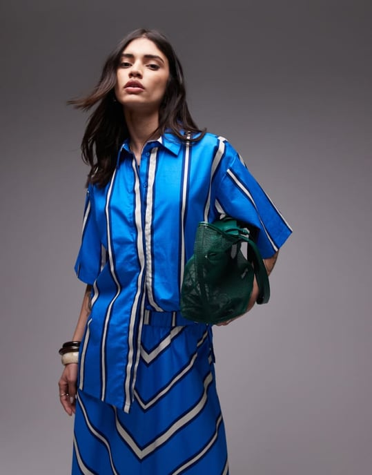 Topshop co-ord poplin resort shirt in bold blue and ivory stripe - Image 1