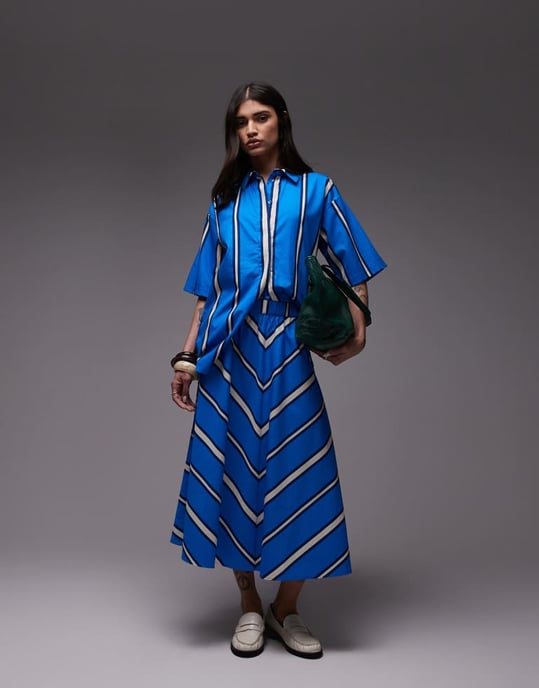 Topshop co-ord poplin resort shirt in bold blue and ivory stripe - Image 3