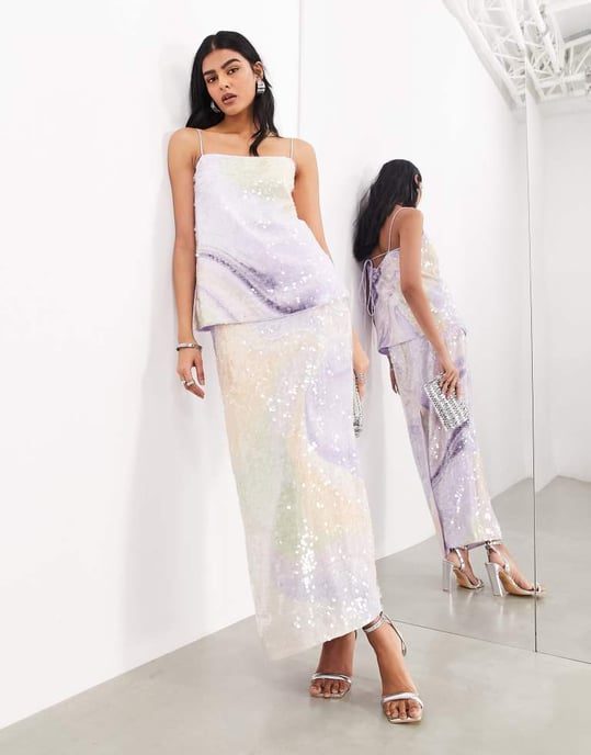 ASOS EDITION abstrakt mönster paljettdetaljer långlinje cami topp co-ord i lila virvel - Image 2