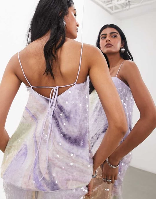 ASOS EDITION abstrakt mönster paljettdetaljer långlinje cami topp co-ord i lila virvel - Image 4
