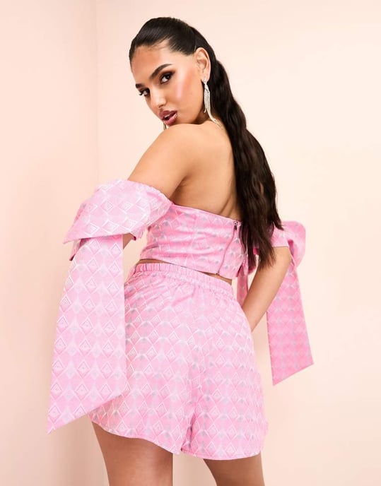 ASOS LUXE jacquard koord flippy lager shorts i rosa mönster - Image 3