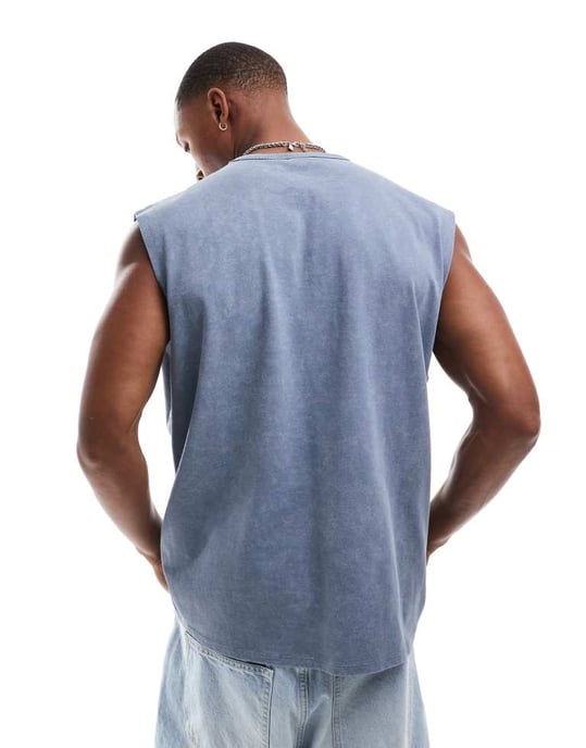 ASOS DESIGN tung oversized tanktop i tvättad blå med sportig brösttryck - Image 3
