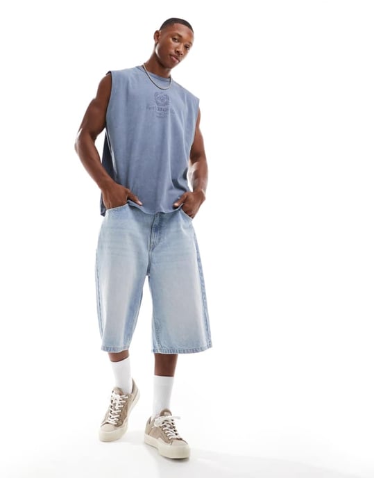 ASOS DESIGN tung oversized tanktop i tvättad blå med sportig brösttryck - Image 4