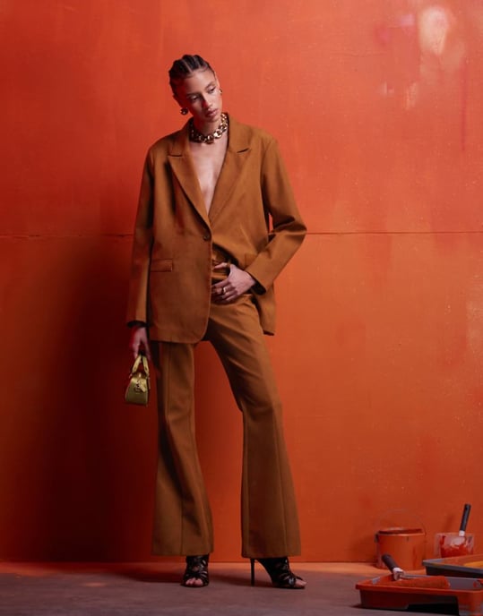 ASOS DESIGN faux suede flared tailored trousers co-ord in rust - Image 1