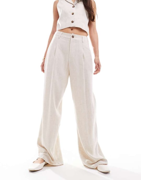 Miss Selfridge linneblandning skräddarsydd vida byxor i naturlig slub - Image 1