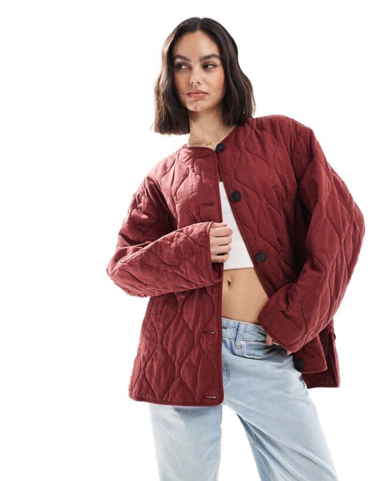 ASOS DESIGN dolphin hem collarless quilted jacket in dark red - Image 1