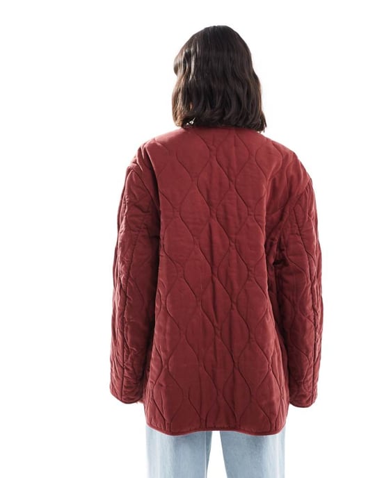 ASOS DESIGN dolphin hem collarless quilted jacket in dark red - Image 4